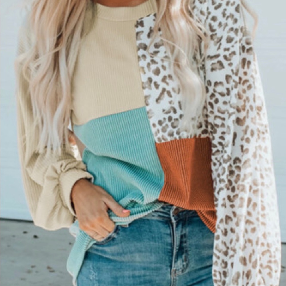 Leopard patchwork color block long sleeve shirt
